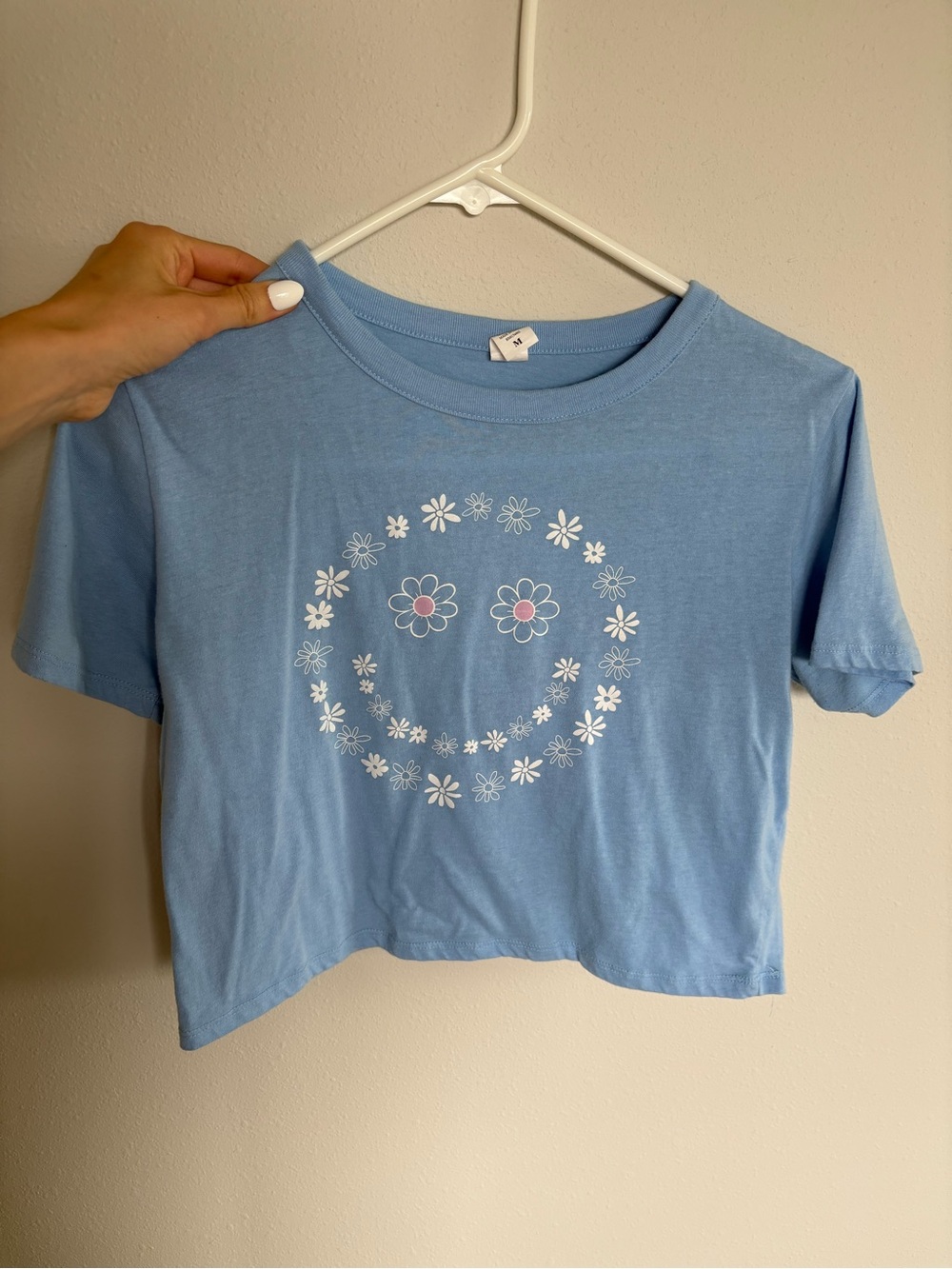 Sky Blue Floral Smiley Crop Top - Women